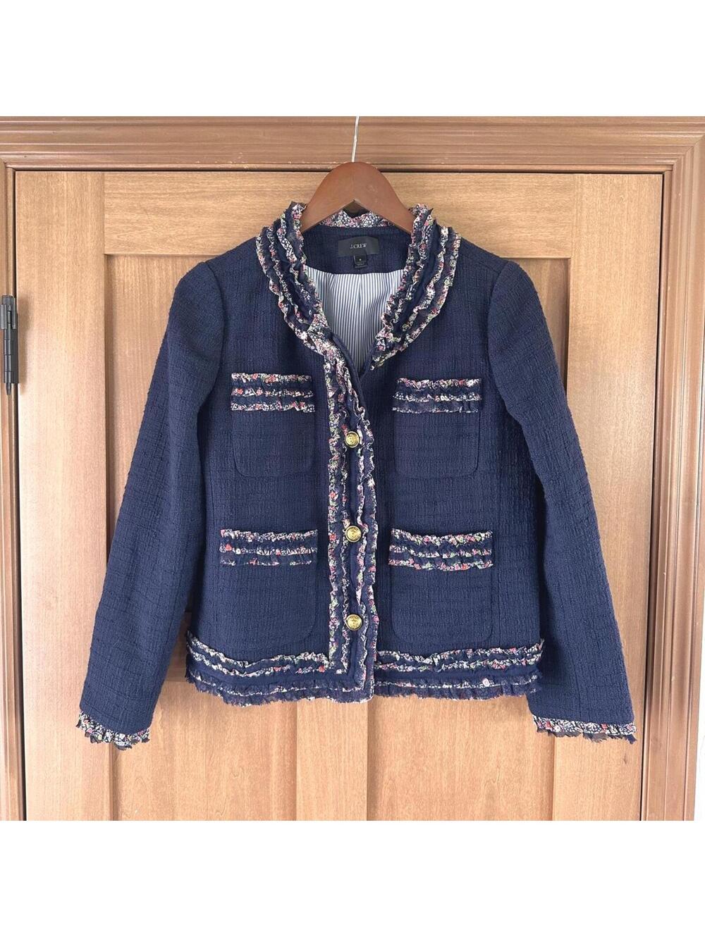 J.Crew Lady Jacket Tweed Navy Blue Liberty Floral Ruffle Trim Women’s size 8